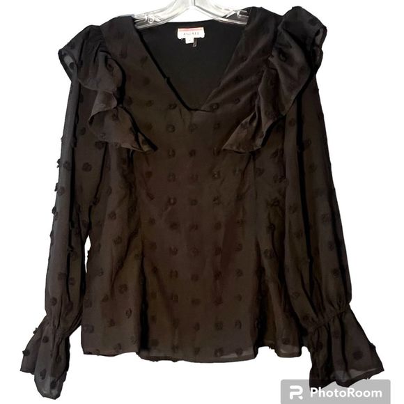 ANDREE by UNIT Long Sleeve V-Neck Ruffle Swiss Dot Black Blouse - size Medium - Picture 1 of 5